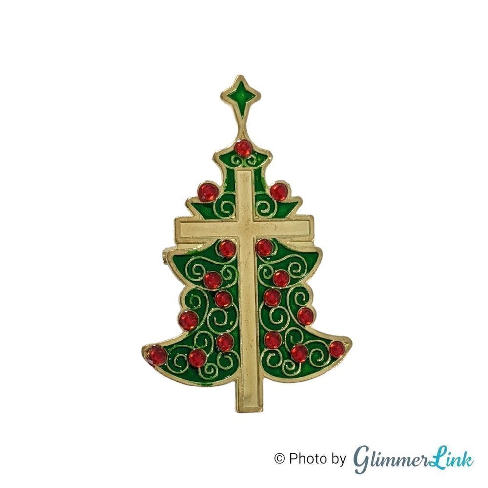 Christmas Tree Cross Red Rhinestones Holiday Religious Brooch